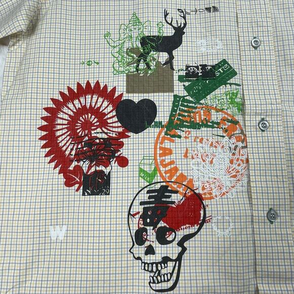 🔥Checked Yellow Gray Skull Artsy Painted Short Sleeve Button Up Shirt 2XL - Picture 3 of 15